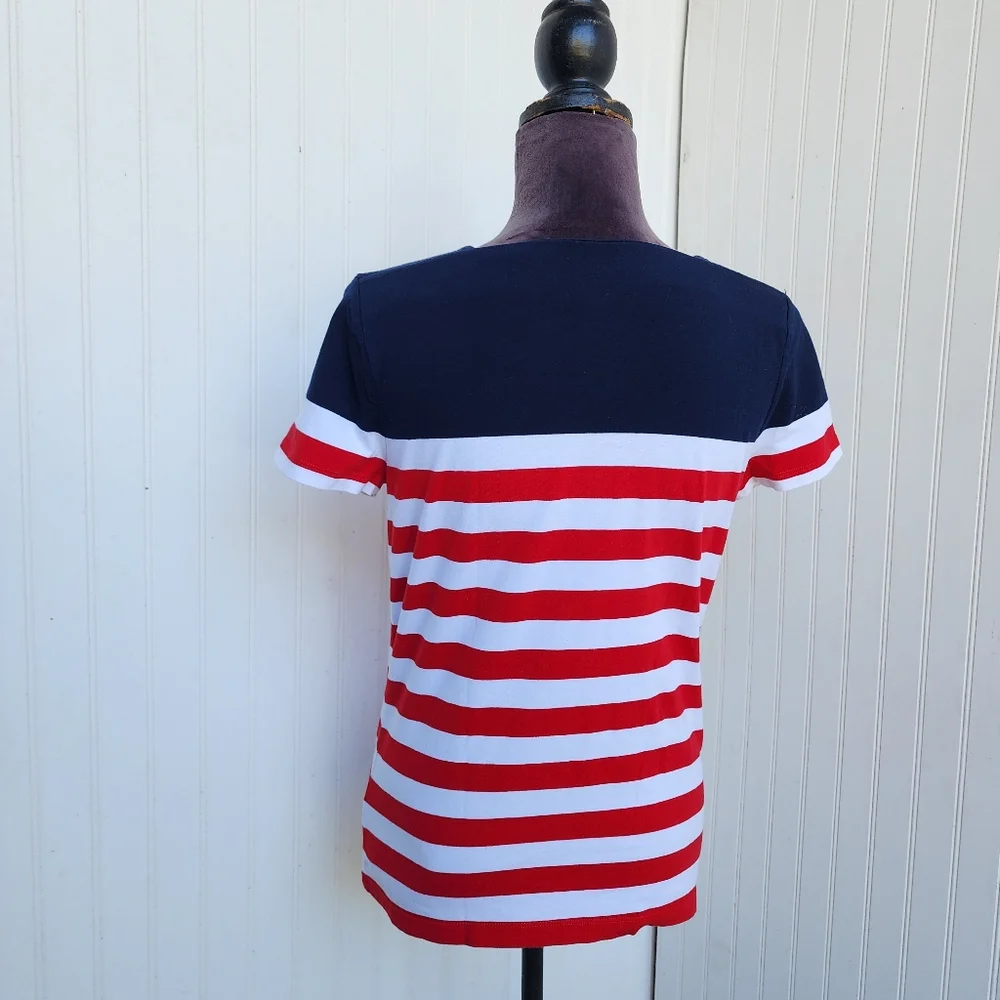 Chaps Classics Navy White Red Stripe Square Neck Short Sleeve T Shirt Nautical M - Picture 6 of 10